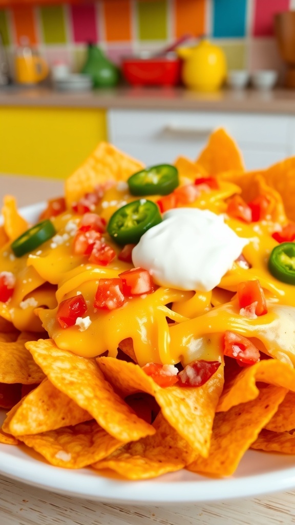 A plate of cheesy nachos with toppings, served with sour cream, in a bright kitchen.